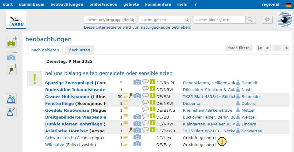 Darstellung geschützter Beobachtungen in einer Liste auf NABU-naturgucker.de