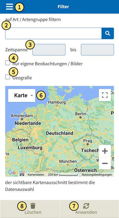 Filterfunktionen in der mobilen Seitenversion von NABU-naturgucker.de