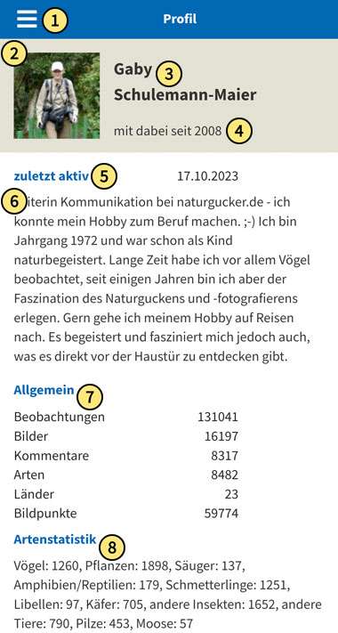 Persönliches Profil in der mobilen Seitenversion von NABU-naturgucker.de