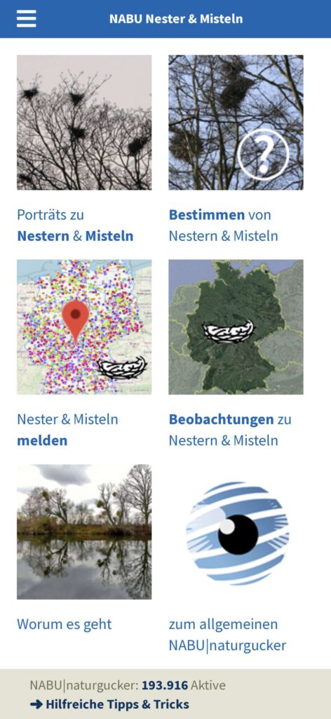 Startseite der Web-App Nester & Misteln