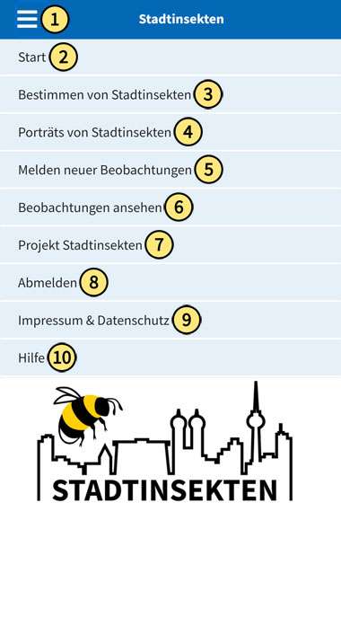 Hauptmenü der Aktionsseite Stadtinsekten